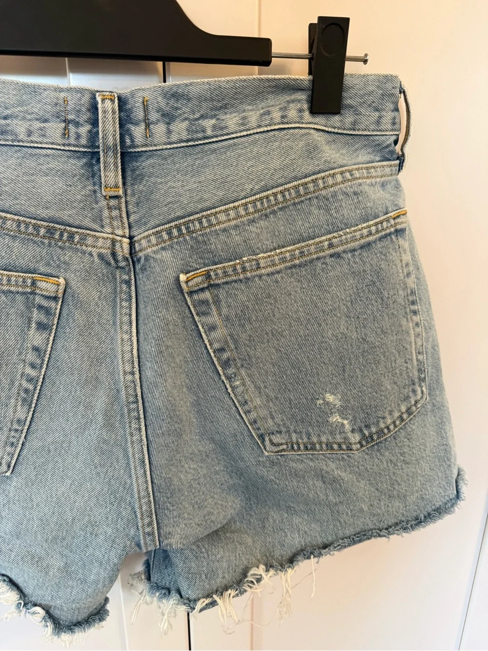 Agolde Parker Long Light Blue Frayed Hem Denim Cutoff Shorts